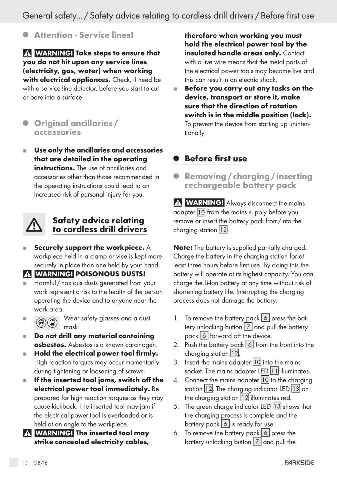 Kompernass KH 3188 manual Original ancillaries / accessories, Safety advice relating to cordless drill drivers 